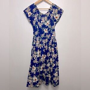 Vintage Royal Creations Hawaii Blue Multi Smocked‎ Fit and Flare Dress Womens S